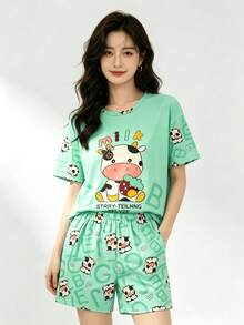 Dibujos animados lindo pijama set 4 piezas - Verde - Ver 6