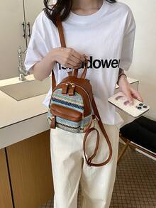 女款迷你仿草編背包，經典可愛三合一旅行小背包 - 棕色 - 查看 2