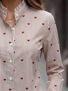 Elegant Women's Polyester Stand-Collar Long-Sleeved Shirt With Heart Print And Ruffle Design. - Multicolor - View 5