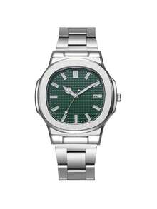 Men's Fashion Steel Band Business Quartz Watch With Date Calendar, Holiday Gift, Non-Adjustable Band - Green - View 1