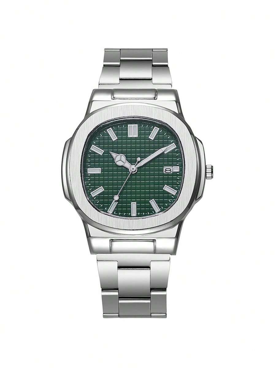 Men's Fashion Steel Band Business Quartz Watch With Date Calendar, Holiday Gift, Non-Adjustable Band - Green - View 1