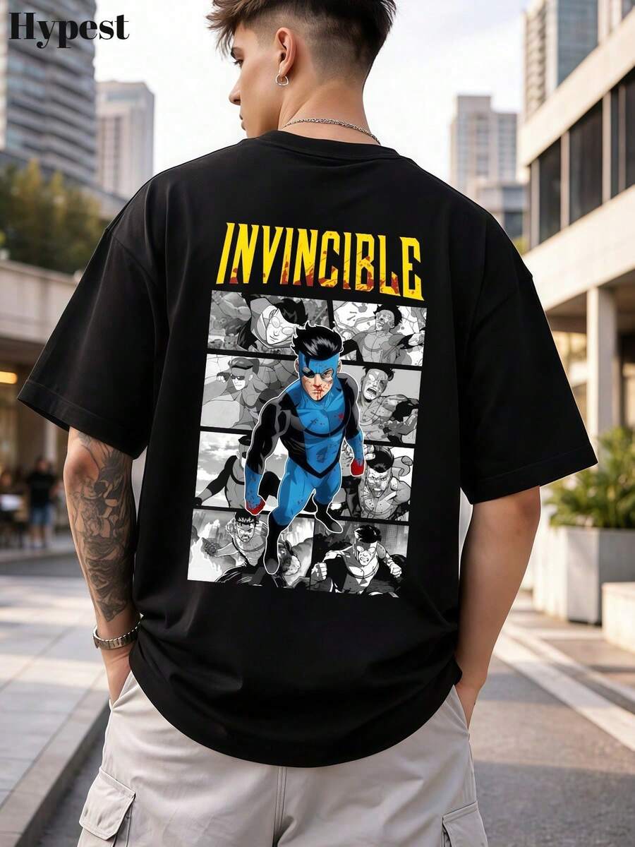 Camiseta de Estilo Manga para Hombre con Estampado de Cómic Invencible, 100% Algodón, Corte Holgado, Ideal para Primavera y Fanáticos del AnimeCómodo y perfecto para el uso diario. - Negro - Ver 1