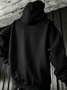 1件男士大碼圖案印花連帽衛衣，適合日常外出與街頭休閒穿著，秋冬款運動衫 - 黑色 - 查看 2