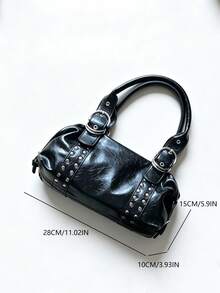 Korean Niche Design Ins Style Fashion Minimalist Rivet Handbag Shoulder Bag Underarm Bag For Women, Textured Large Capacity Commuter Daily Shopping Versatile Hot Girl Motorcycle Underarm Shoulder Bag - Black - View 6