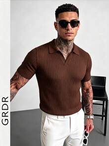 GRDR 男士夏季针织Polo衫，纯色短袖针织领，适合夏季外出穿着，时尚穿搭必备单品 - 棕色 - 查看 3