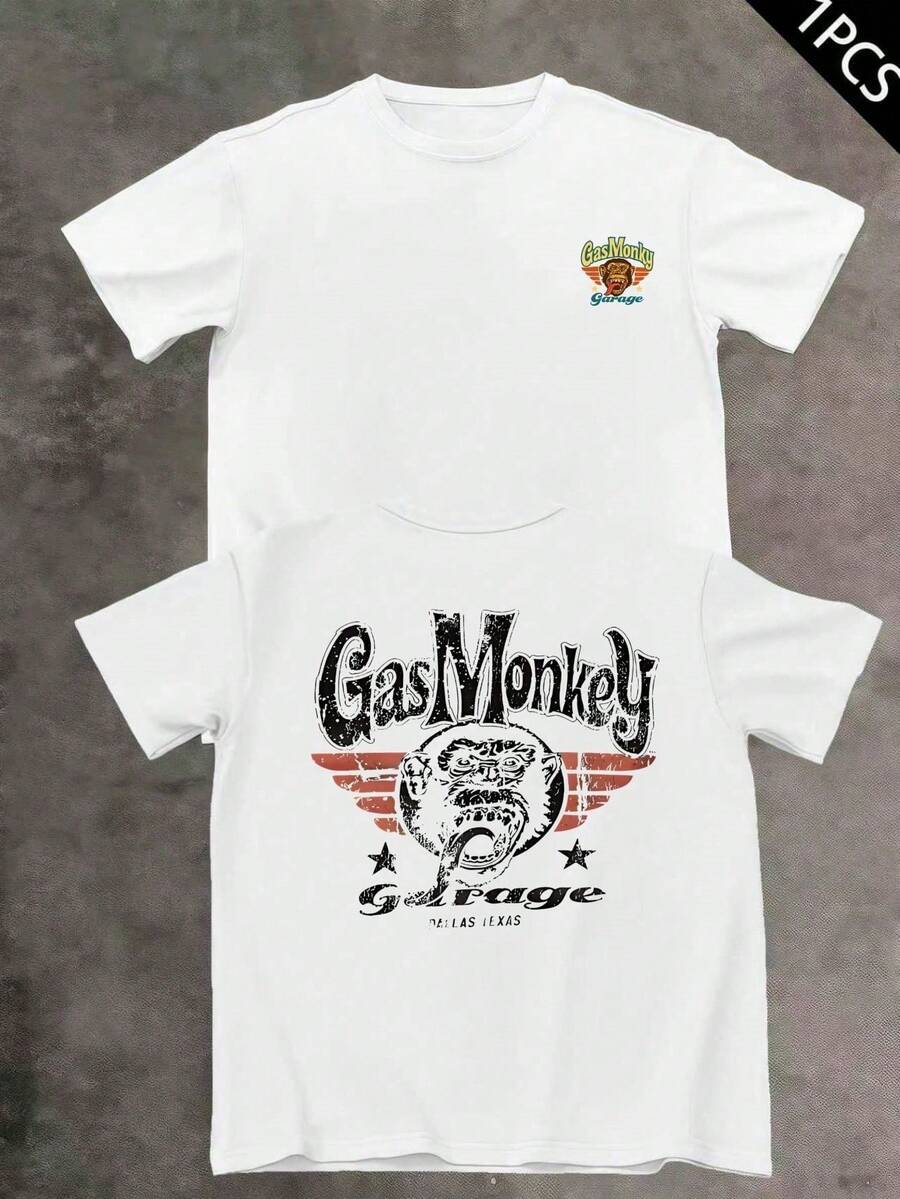 Camiseta Gas Monkey Garage, estampado a doble cara, cuello redondo y corte casual, algodón de 220 g/m² (1 pieza), , camisetas de hombre, México, mundo, ropa de hombre, camisas de homb - Blanco - Ver 1