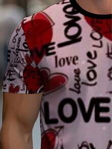 Camiseta ligera de manga corta para hombre con estampado de corazón - Prenda superior casual de verano de cuello redondo en rojo y blanco, adecuada para el hogar, restaurantes y atuendo casu - Negro - Ver 4