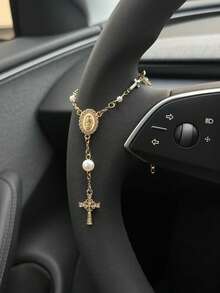 Universal Car Rearview Mirror Rosary (With Pendant) And Cross Evil Eye Rearview Mirror Hanging Ornament, Gold Car Rearview Mirror Metal Medal And Cross Pendant, Cross Bracelet, Virgin Mary Bracelet, Baptism Prayer Bracelet - A - View 9