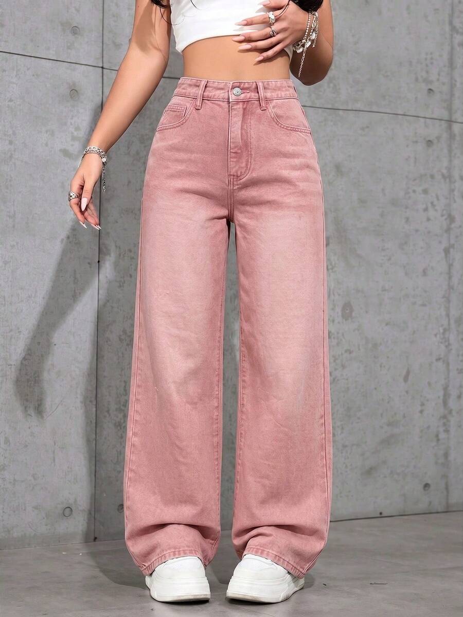ICON Versatile Solid Color Straight Leg Jeans With Pocket - Rosa - View 1