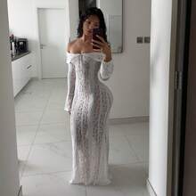 Long French Lace Dress In European And American Style With Bell Sleeves And Strapless Design. - White - View 2