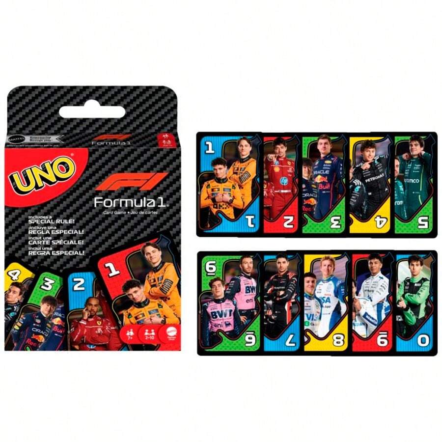 Mattel F1 賽車主題 UNO 卡牌遊戲，經典配對卡牌附萬能牌與功能牌，便攜式多人旅行桌上遊戲，適合家庭遊戲之夜與派對，賽車迷、兒童與成人的生日、聖誕、節日禮物