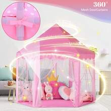 Girls Princess Castle Play Tent With Starry Lights, Kids Indoor Outdoor Playhouse For Ages 3+, Pink & Blue Options, Spacious Foldable Portable - LJSW-pink - View 8