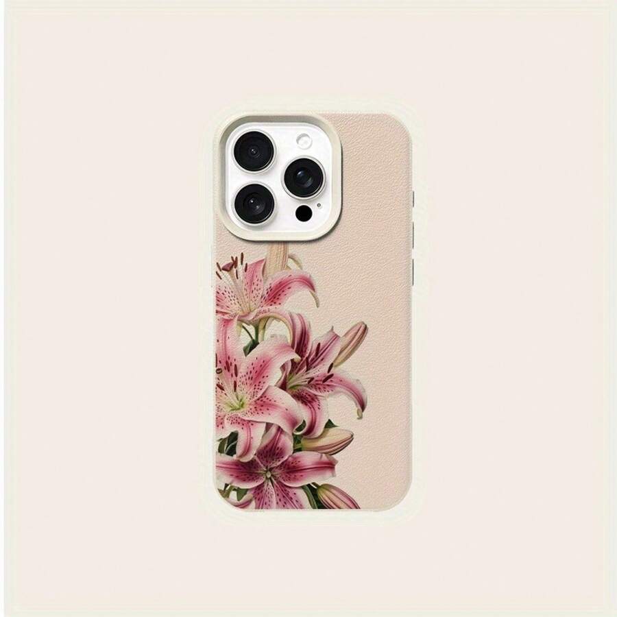 Phone Case - 1 Elegant Pink Lily Flower Pattern Lychee Phone Case, Compatible with Iphone16 15 14 13 12 11 XS XR X 8 7 Plus Pro Max SE Series Phone Case, Halloween Gift, Easter Gift, Birthday Gift, Girlfriend, Boyfriend, Friend Or Self - Blanco - Ver 1