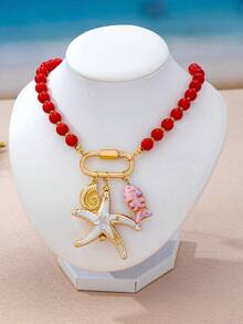 1pc Fashionable Ocean Style Acrylic Dopamine Color Beads Starfish Shell Necklace Suitable For Women Summer Vacation Party Wear - Ocean - View 8