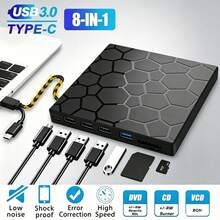 محرك أقراص CD/DVD خارجي 8 في 1 USB 3.0، محرك أقراص DVD/CD محمول فائق النحافة مع موزع USB وقارئ بطاقة SD، محرك أقراص بصري قابل لإعادة الكتابة للكمبيوتر المحمول والكمبيوتر المكتبي، متوافق مع Windows 11/10/8/7 Linux - مشاهدة 3