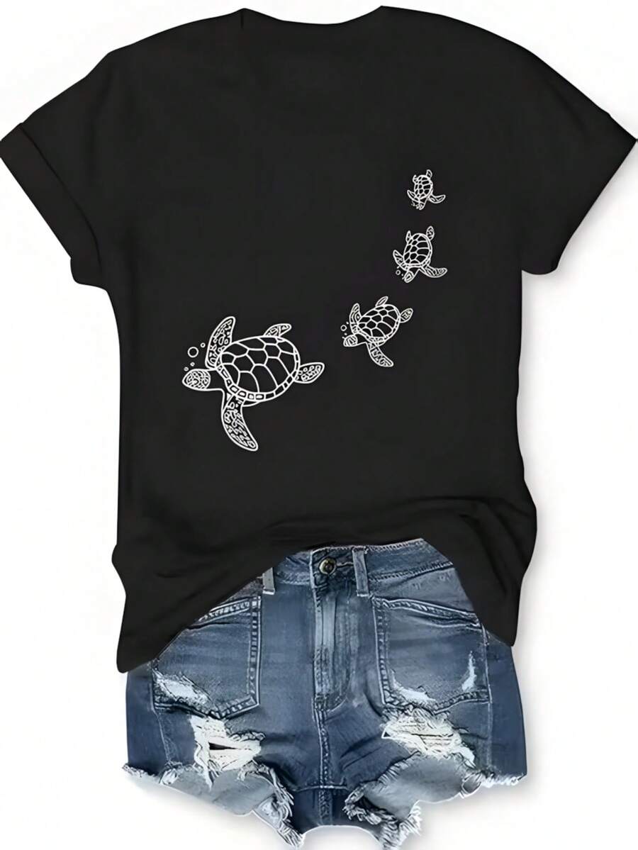Camiseta de manga corta para mujer con estampado de tortugas marinas, cuatro tortugas en contorno blanco colocadas diagonalmente con burbujas, blusa estampada con temática marina. - Negro - Ver 1