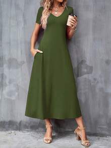 Casual V-Neck Short Sleeve Dress With Pockets. Solid Color, Machine Washable, Versatile For All Seasons. - Olive Green - View 2