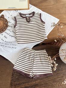 2pcs Baby Girls' Minimalist All-Match Versatile Waffle Stripe Tank Top And Matching Shorts Set, Summer - Camel - View 4