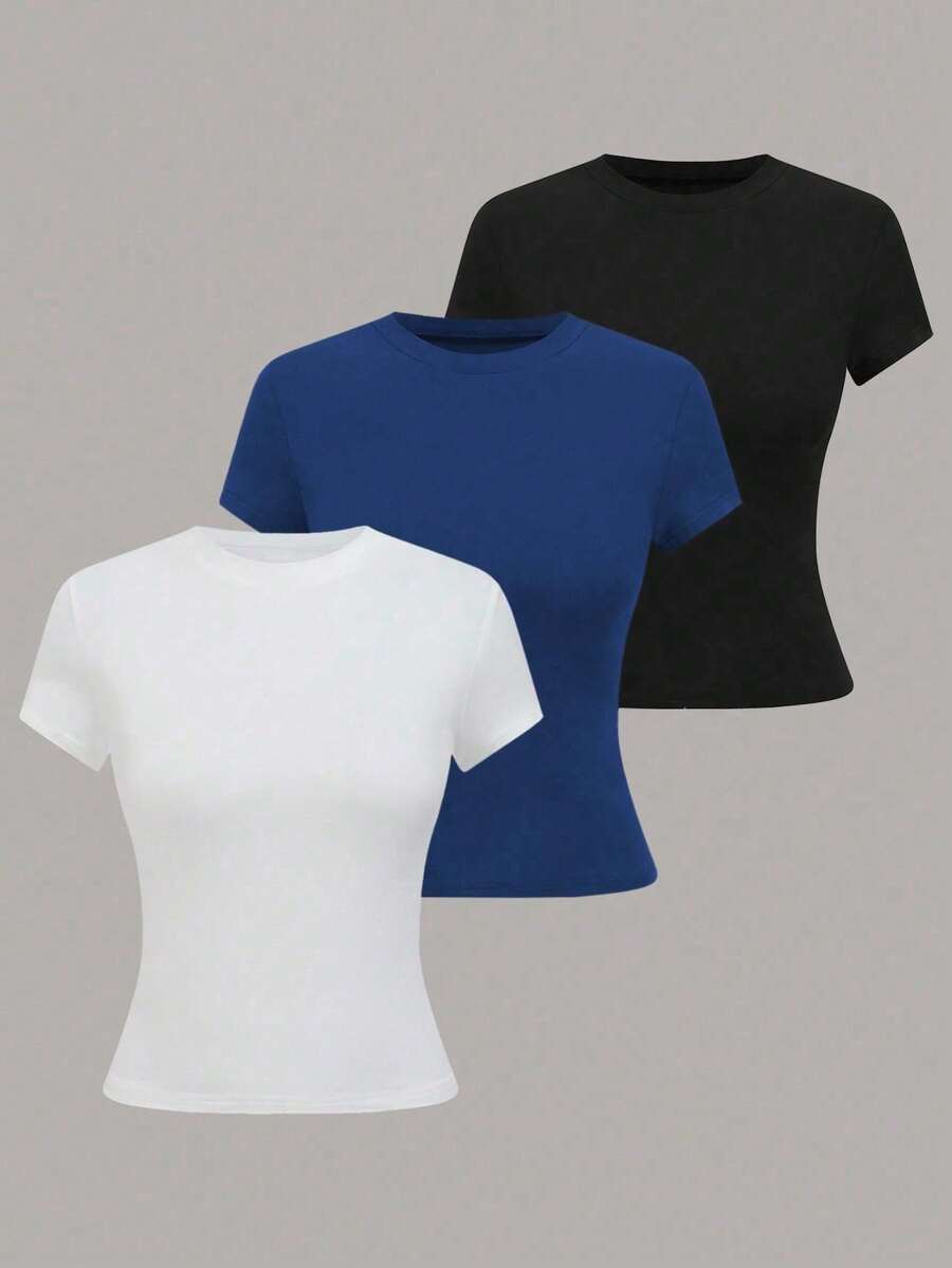 Plivvot Camiseta casual de mujer de manga corta de unicolor, versátil - Multicolor 11 - Ver 1