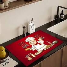 1pc, Home Decor, Chef Pattern Printed Dish Drying Mat, Espresso Machine Countertop Absorbent Mat, Sink Drainage Mat, Soft Faucet Absorbent Mat, Sink Cup Mat, Kitchen Supplies, Bathroom Supplies - Multicolor - View 3