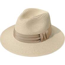 Sombrero de paja de ala ancha para mujer Lanzom, estilo Panamá, enrollable, para playa, con protección solar UPF50+ - Rojo - Ver 14