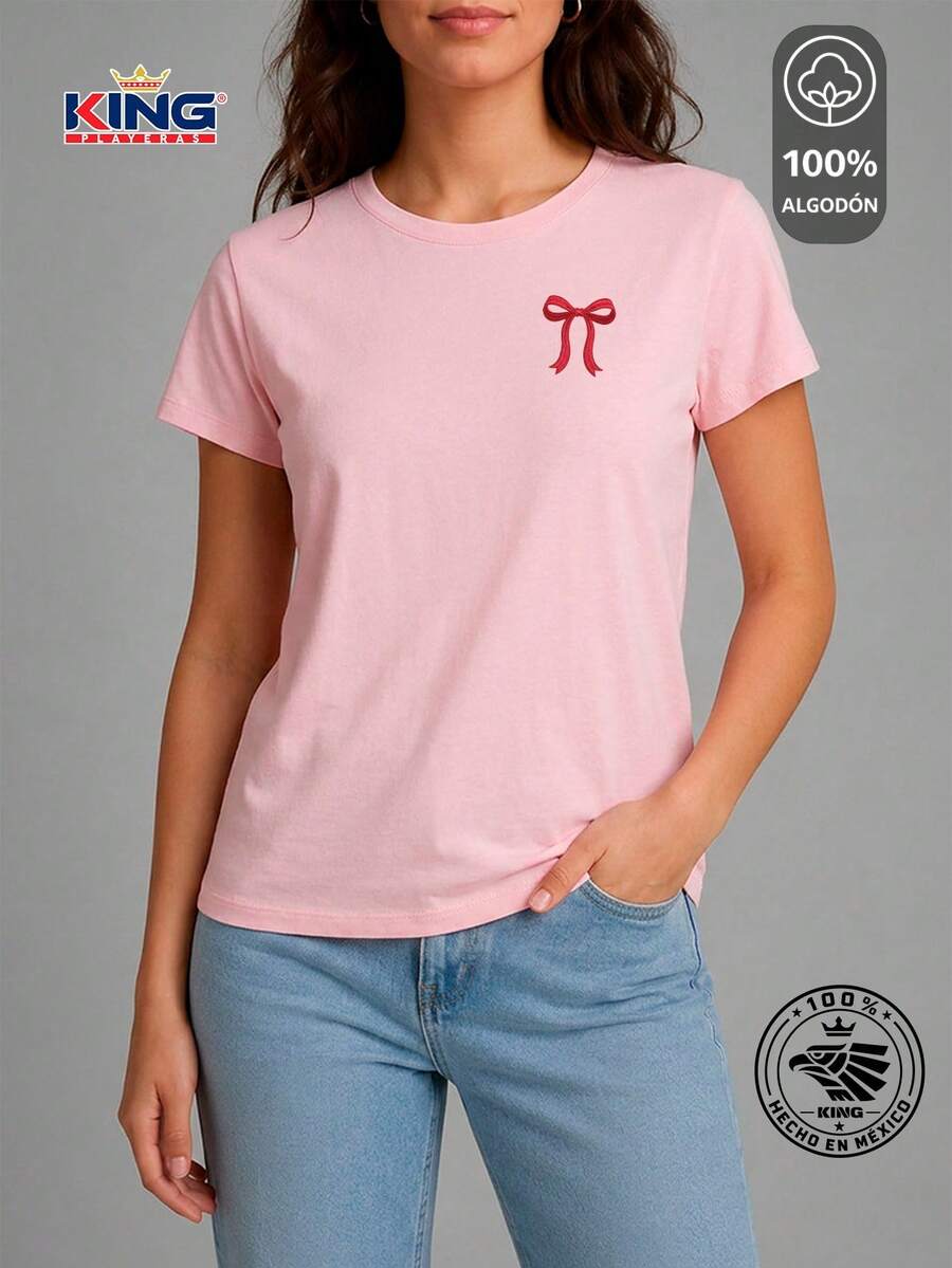 SHENDY VENDY Women's T-Shirt 100% Cotton, Short Sleeve, Round Neck, Soft And Comfortable T-Shirt, Minimalist Red Bow Print - 粉色 - 查看 1