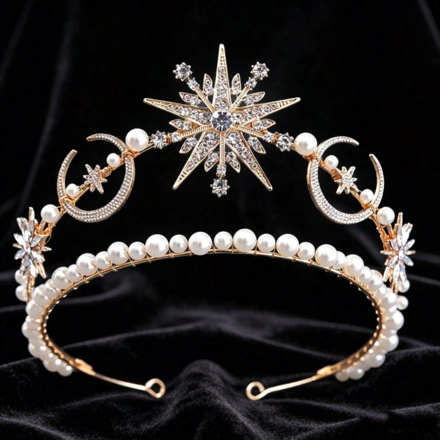 1pc Bridal Rhinestone Crown Pentagram Moon Tiara Faux Pearl Headpiece Party Evening Dress Decoration, Coronas - Multicolor - View 1