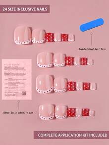 24er/Set Y2K mittlere quadratische weiße & rote French Tip Zehennägel Aufkleber, Polka Dot Design, Vollabdeckung Acryl Kunstnägel, inklusive 1 Stück Jelly Kleber und 1 Stück Nagelfeile, geeignet für die tägliche Nagelpflege von Frauen - Verschiedenfarbig - Übersicht 4