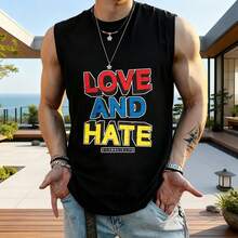 Hombres, Entrenamiento en Gimnasio, Camiseta Sin Mangas, Diseño Gráfico Love and Hate, Ideal para Culturismo y Actividades al Aire Libre, Secado Rápido y Transpirable - Negro - Ver 1