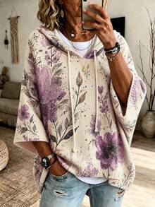 Sweater Pullover Berkerudung Longgar dengan Motif Bunga dan Daun untuk Wanita Ukuran Plus, Model Kasual Serbaguna, Cocok untuk Perjalanan Sehari-hari, Kencan, Pesta Ulang Tahun, dan Musim Gugur. - MultiWarna - View 1