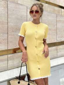 Women's New Spring/Summer Elegant Contrast Color Metal Button Dress, Paired With Graceful Ruffle Hem Blazer & Yellow Skirt Set For A Sophisticated Look. Features Front Button Closure Design, Suitable For Commuting, Daily Dates And Photo Shoots. - Yellow - View 10