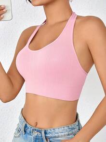 Top deportivo y camiseta de tirantes sin costuras - Top de yoga acanalado tipo halter con espalda abierta - Azul Marino - Ver 5