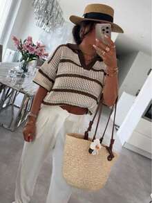 FOR BEAUTY Spring/Summer Y2K Casual Striped Crochet Hollow Polo Collar V-Neck Short Sleeve Loose Oversized Knit Sweater Vacation Style - Multicolor - View 6