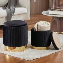 Storage Set Of 2 Upholstered Velvet Vanity Stool Nesting Ottomans Multifunctional Foot Rest Container With Gold Metal Base For Living Room Black - Black With Bottom Gold - View 4