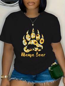 Camiseta Premium de Talla Grande con Estampado de Oso Mamá - Top Casual de Manga Corta y Cuello Redondo para Mujer |   Mezcla suave de poliéster |   Ajuste estándar |   Lavable a máquina | - Negro - Ver 1