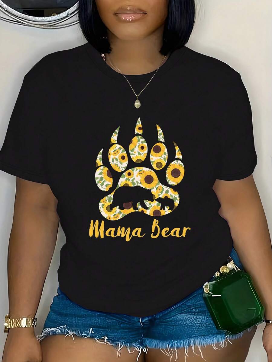 Camiseta Premium de Talla Grande con Estampado de Oso Mamá - Top Casual de Manga Corta y Cuello Redondo para Mujer | Mezcla suave de poliéster | Ajuste estándar | Lavable a máquina | - Negro - Ver 1