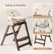 High Chair For Babies And Toddlers, Convertible Foldable High Chair With Easy Clean Double Tray, 5-Point Harness & Adjustable Legs,Khaki - Khaki - View 6