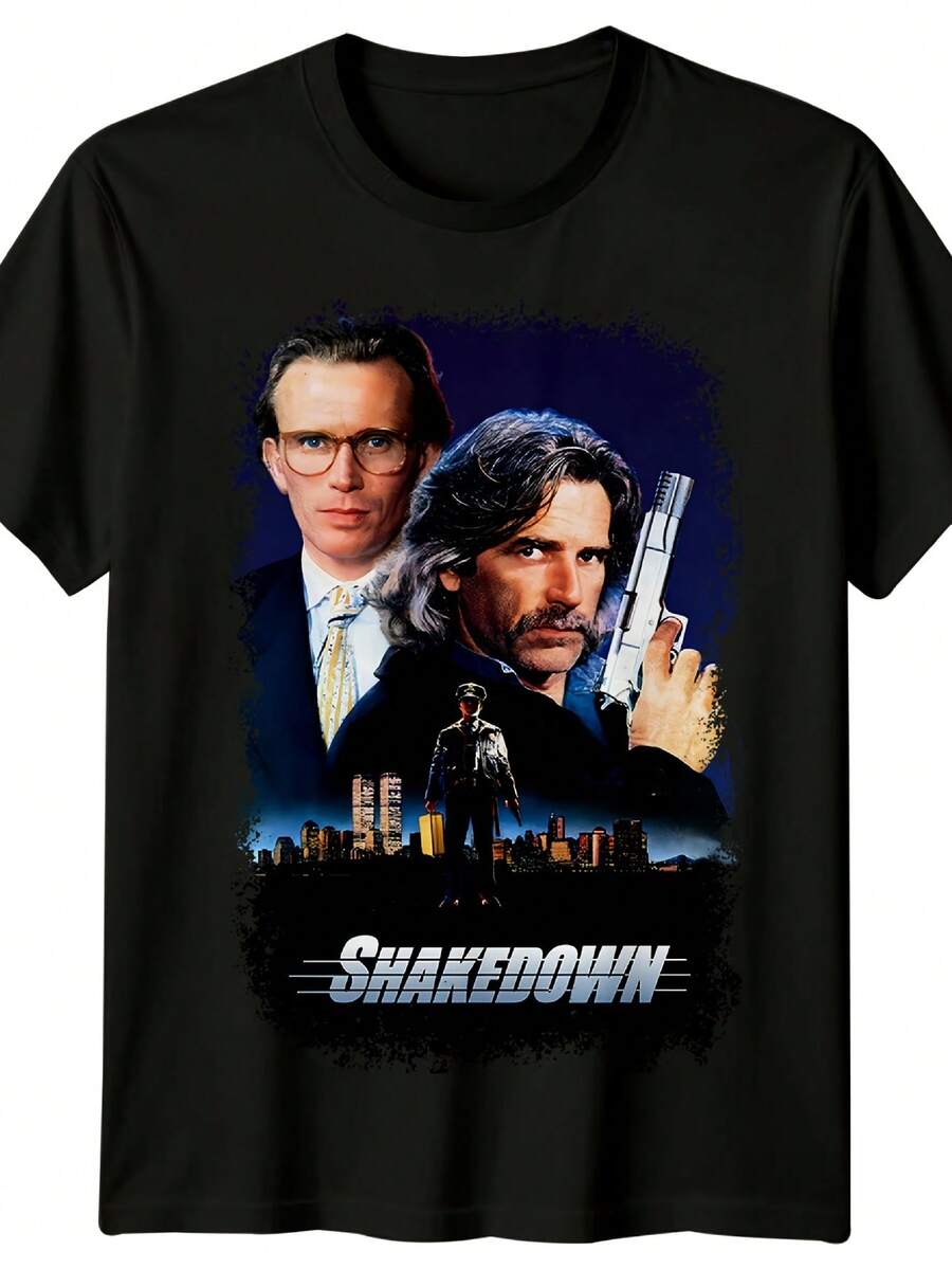 Camiseta Vintage con el Póster de la Película "Shakedown" (1988) para Hombre - Ropa Retro de los 80 para Fanáticos del Cine, Estampado Icónico, Camiseta Cómoda de Cuello Redondo Adecuada par - Negro - Ver 1