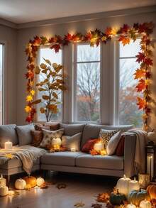 1pc Maple Leaf Autumn Wreath, 5.5ft/Pc Hanging Vine Artificial Autumn Leaf Garland, Thanksgiving Home Wedding Fireplace Party Christmas Decor, Autumn Decoration - Multicolor - View 3