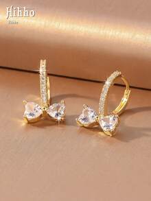 Hihho 1 Pair Heart-Shaped Zirconia Bow Knot Hoop Earrings, Luxury Full Zirconia Stud Earrings, Niche High-End Versatile Earrings For Girls, Elegant And Versatile, Eye-Catching Accessories For New Year's Eve Party, Suitable For Prom, Dinner, Date Wear - Bow - View 11