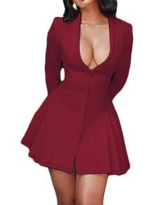 Vestido Blazer Mini Elegante para Mujer con Cuello en V Profundo, Manga Larga, Botones y Pliegues - Burdeos - Ver 1