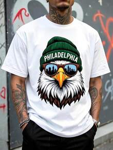 Men's Loose Fit T-Shirt, Bald Eagle Print With Green Wool Hat "Philadelphia" And City Silhouette Glasses, Short Sleeve T-Shirt American Urban Streetwear Style. - 白色 - 查看 6