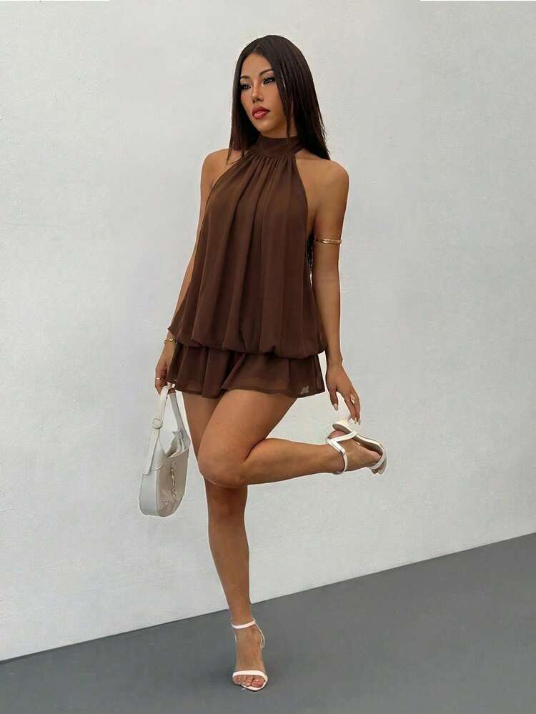 PETITE Vestido mini elegante de mujer de color amarillo claro con cuello halter y lazo, adecuado para fiestas, citas, otoño/invierno, primavera/verano - Marrón Mocha - Añade 1