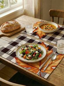 2/4/6pcs Thanksgiving Autumn Placemats Plaid Autumn Maple Leaf Heat Resistant & Easy To Clean Table Mats Suitable For Kitchen, Dining Table, Coffee Bar - Black and White - View 3
