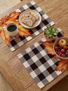 2/4/6pcs Thanksgiving Autumn Placemats Plaid Autumn Maple Leaf Heat Resistant & Easy To Clean Table Mats Suitable For Kitchen, Dining Table, Coffee Bar - Black and White - View 5