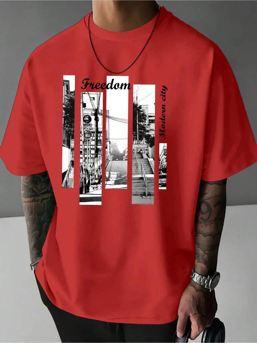 Camiseta de hombre, camiseta estampada, estilo casual urbano a la moda, manga corta de cuello redondo holgado, regalo para hombre, ropa de hombre - Rojo - Ver 1