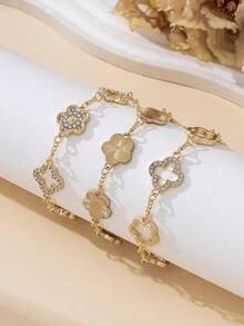Juego de Pulseras de Lujo con Decoracióde Trébol y Pedrerí, Marróy Dorado, Elegante y Dulce, Apilable/Versátil - Oro amarillo - Ver 7