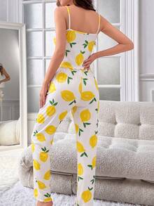 Lemon Print Cami Pajama Set Women's Summer Nightwear Sleeveless Strap Crop Top & Long Pants 2 Pieces Lounge Set Pyjamas For Ladies - Multicolor - View 2