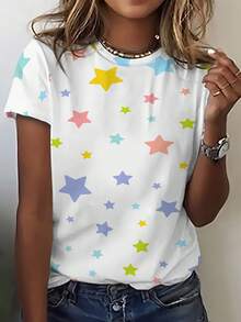 Camiseta de manga corta para mujer, de diseño simple y versátil, a la moda y casual - Colores estrellados y de ensueño. Estampada, adecuada para primavera y otoño, ideal para uso casual diar - Flor - Ver 2