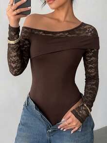 Women's Off-Shoulder Lace Long Sleeve Bodysuit, Sexy Slim Fit Elastic Top, Tight Bodycon Blouse, Suitable For Party, Date, Commute (YY1239) - Brown - View 7